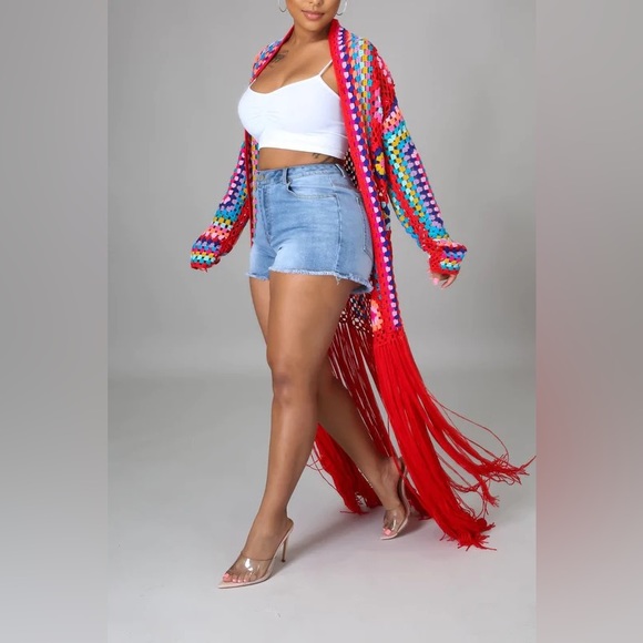 Red Fringe, Crochet Knit Cardigan - Picture 2 of 3